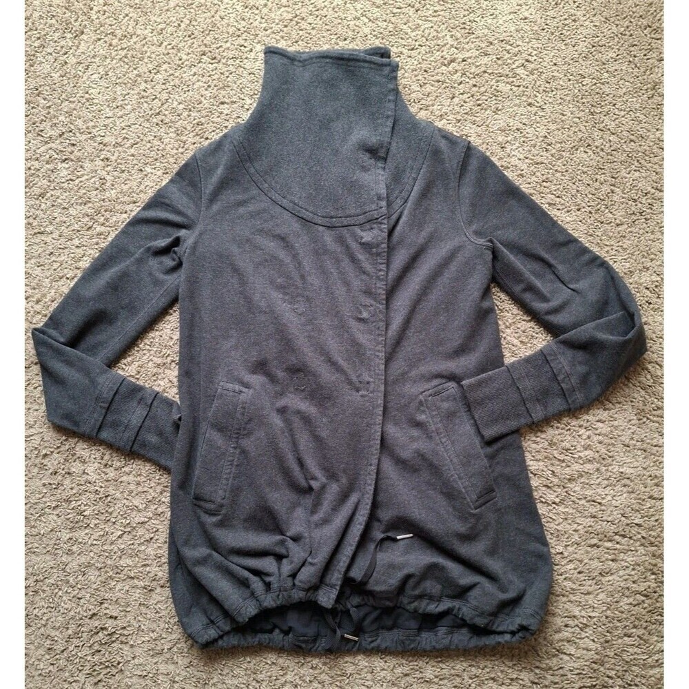 LULULEMON Womens Snap Button Cowl Neck Jacket Size 6 Gray Snap Front Drawstring